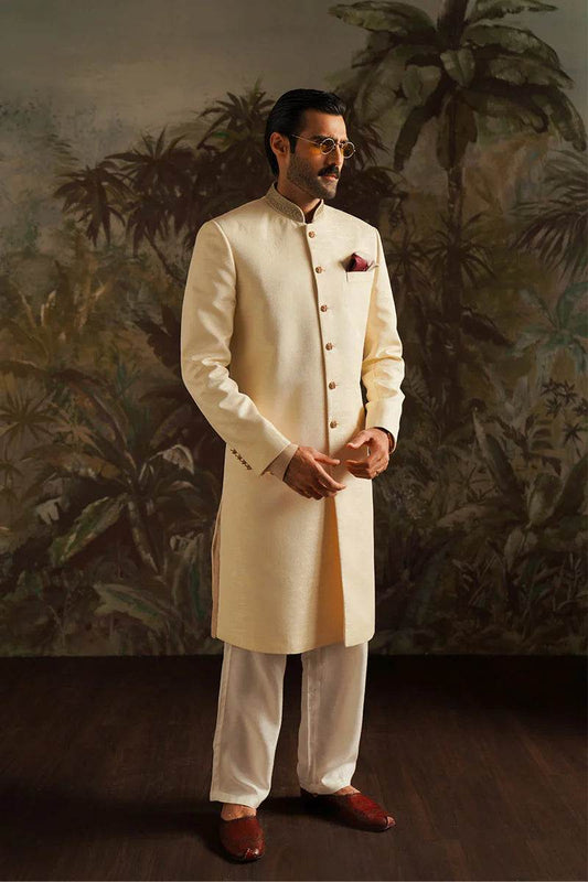 Umair Pearl White Embroidered Sherwani - Labels & Co