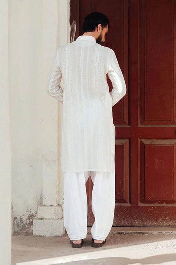 WHITE CHIKANKARI KURTA PAJAMA - Labels & Co