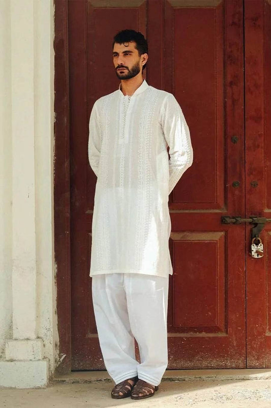 WHITE CHIKANKARI KURTA PAJAMA - Labels & Co