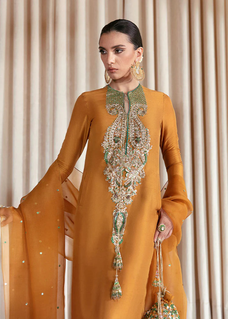 SOL - Mustard Raw Silk Shirt with Embellishments by Hussain Rehar