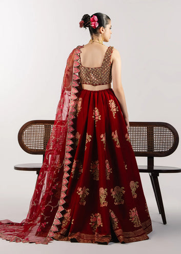 Red block print lehnga choli with emb dupatta