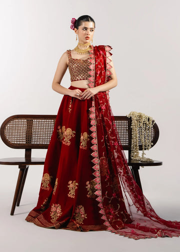 Red block print lehnga choli with emb dupatta