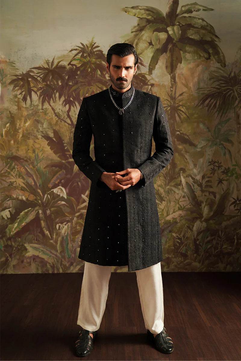Dar Black Embroidered Jacquard Sherwani