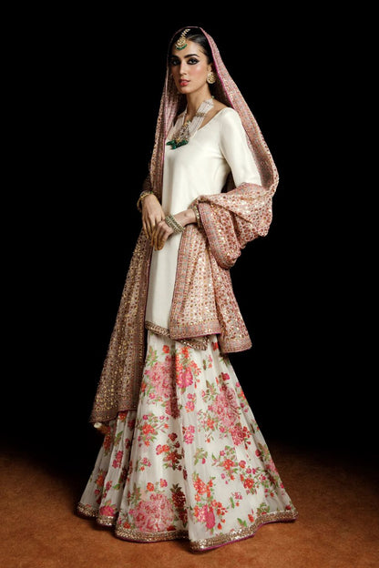 IVOOR - Elegant Ivory Raw Silk Shirt with Chiffon Sharara by Hussain Rehar