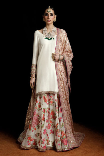 IVOOR - Elegant Ivory Raw Silk Shirt with Chiffon Sharara by Hussain Rehar