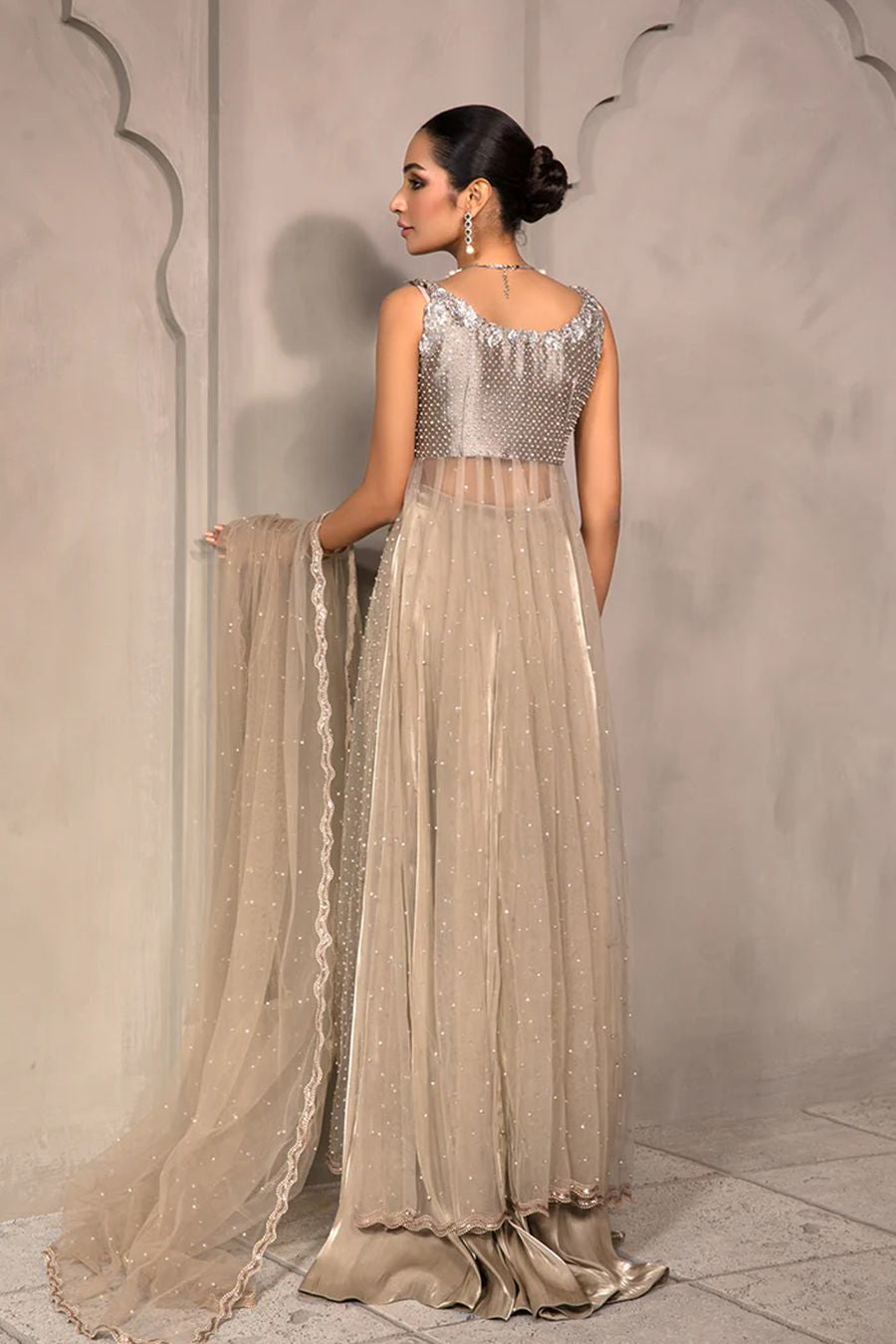 MAYA - Silver Dress with Swarovski Crystals & 3D Roses | MAISON DE LACE