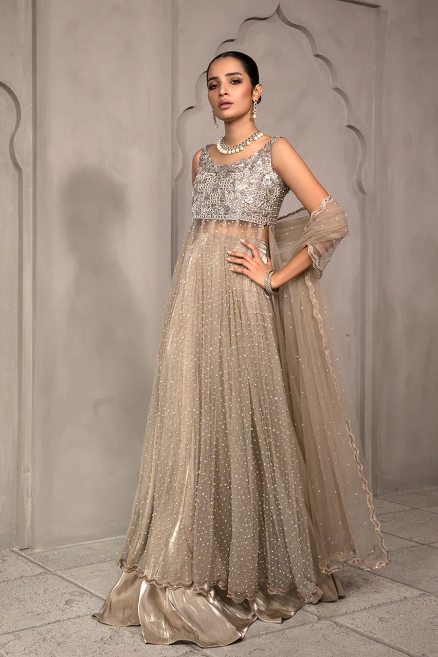 MAYA - Silver Dress with Swarovski Crystals & 3D Roses | MAISON DE LACE