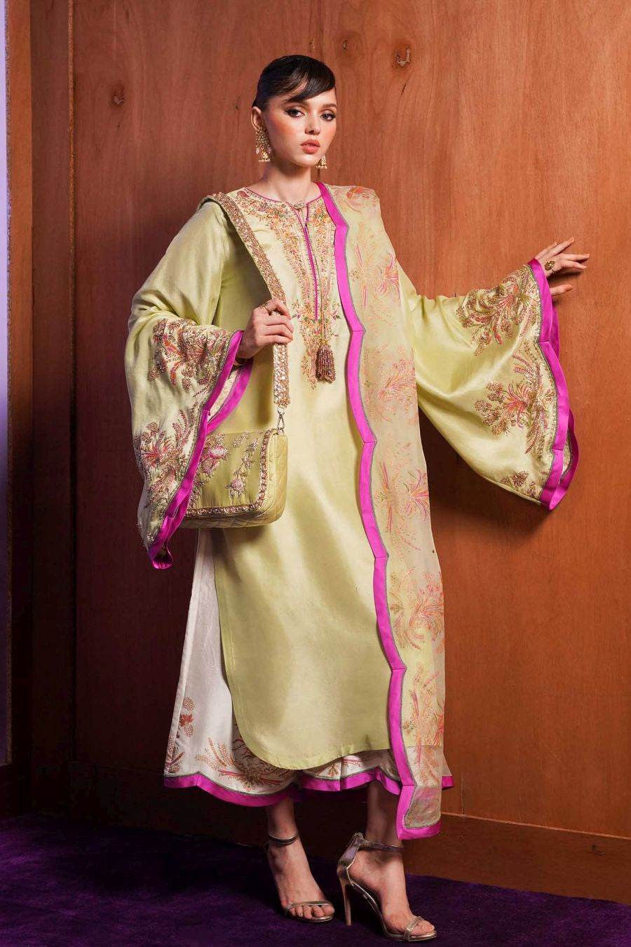 MEADOW - Radiant Apple Green Ensemble with Gold Sequins by Hussain Rehar - Labels & Co
