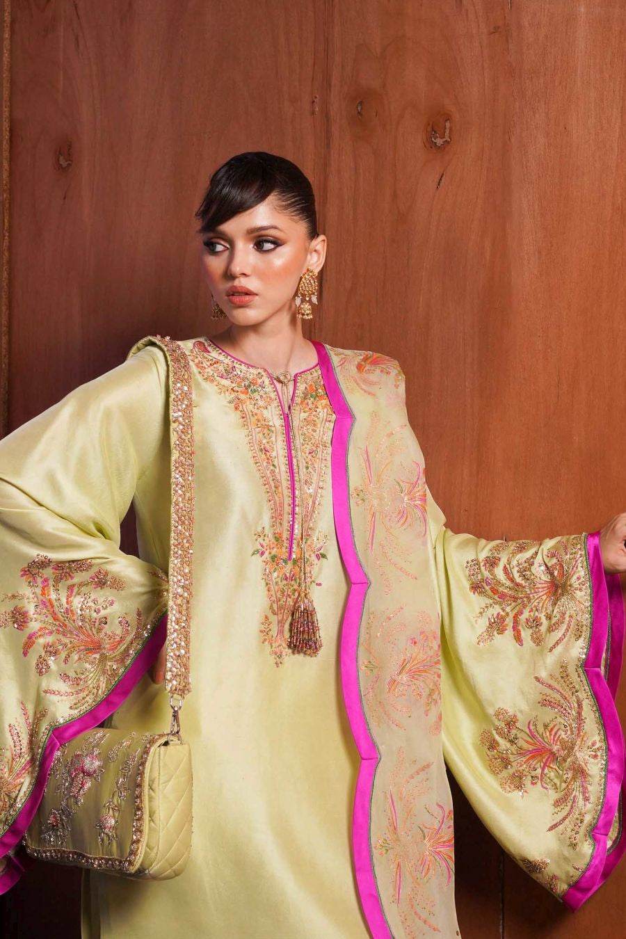 MEADOW - Radiant Apple Green Ensemble with Gold Sequins by Hussain Rehar - Labels & Co