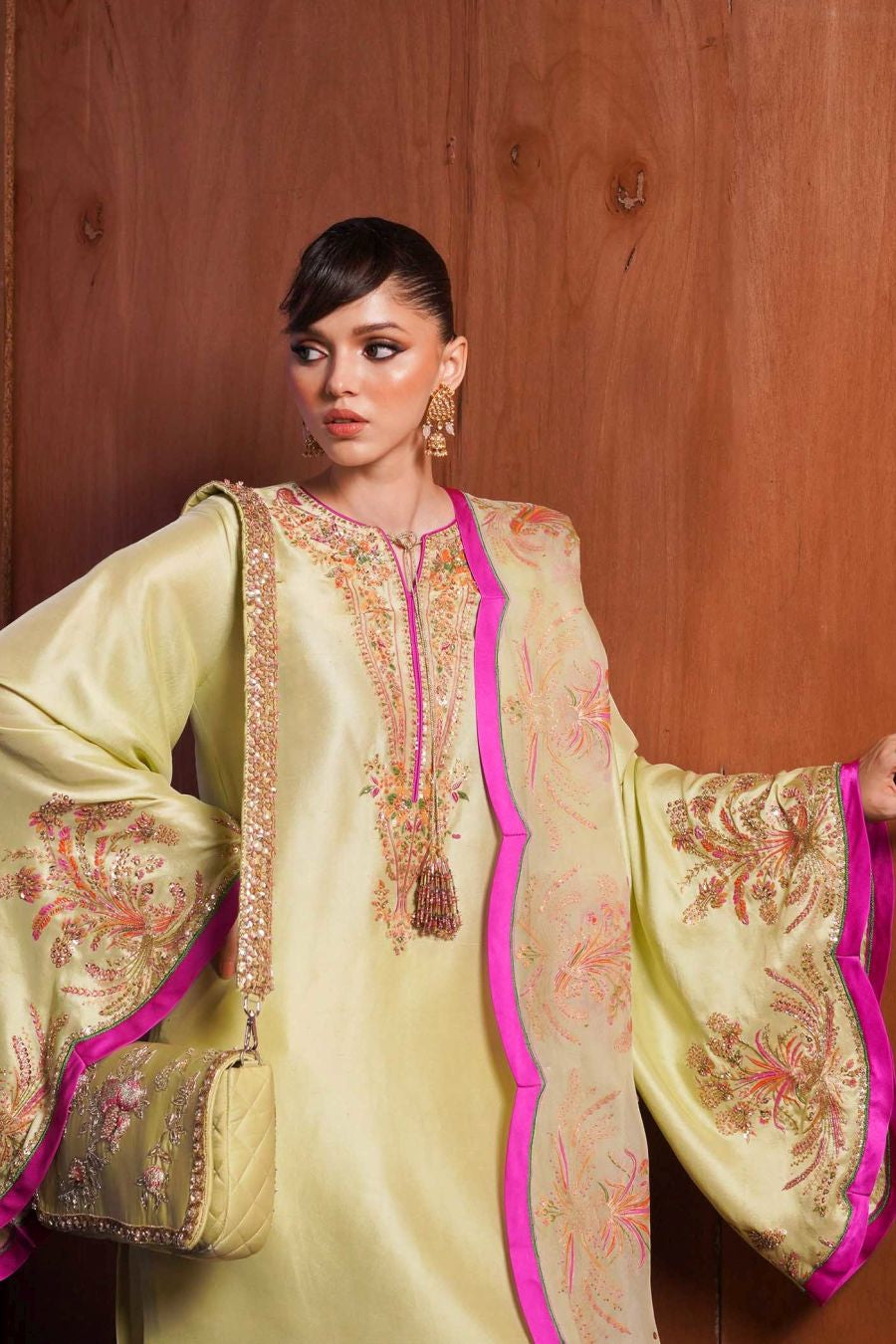 MEADOW - Radiant Apple Green Ensemble with Gold Sequins by Hussain Rehar