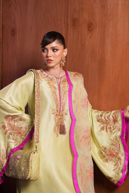 MEADOW - Radiant Apple Green Ensemble with Gold Sequins by Hussain Rehar