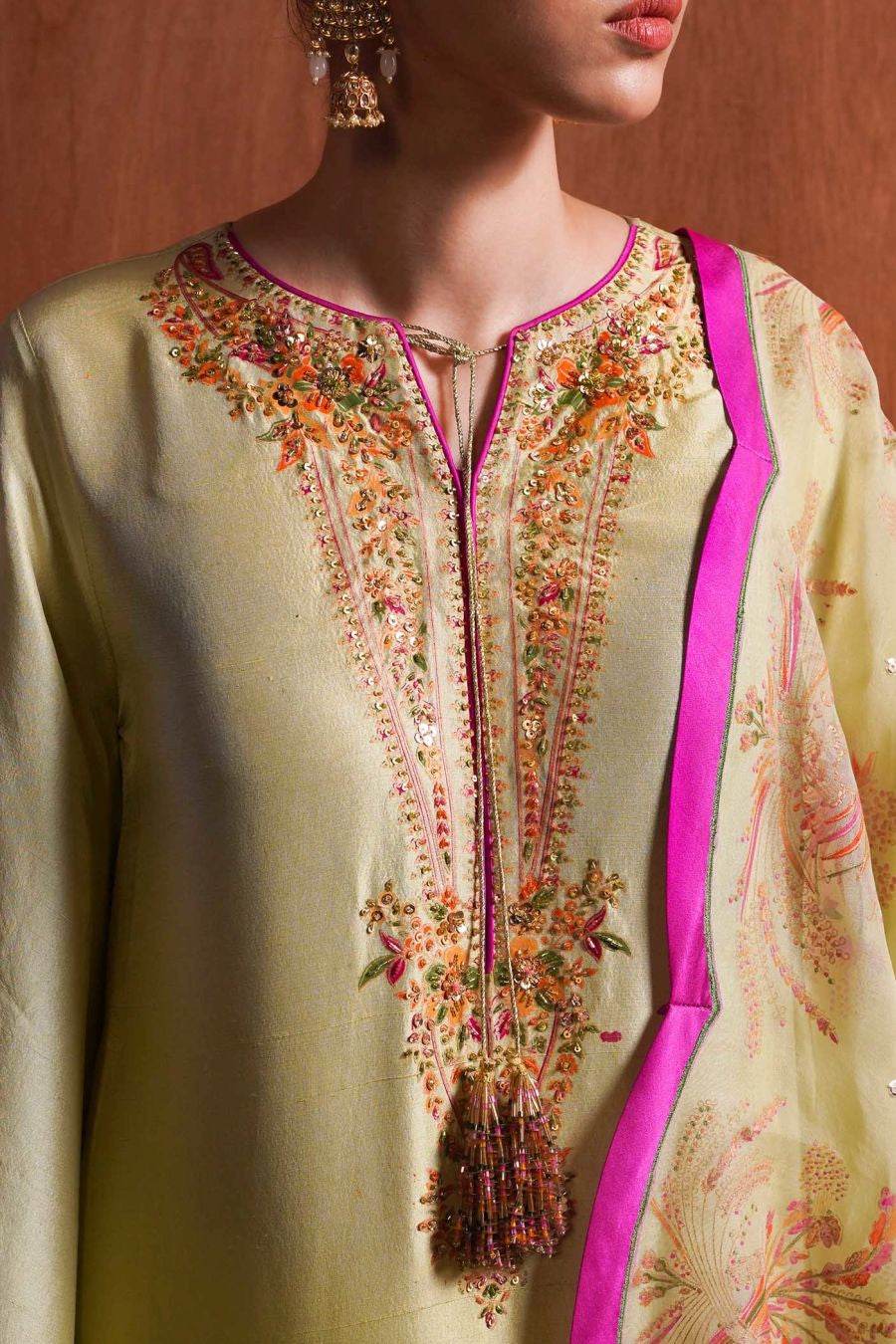 MEADOW - Radiant Apple Green Ensemble with Gold Sequins by Hussain Rehar - Labels & Co