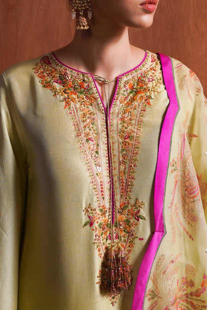 MEADOW - Radiant Apple Green Ensemble with Gold Sequins by Hussain Rehar