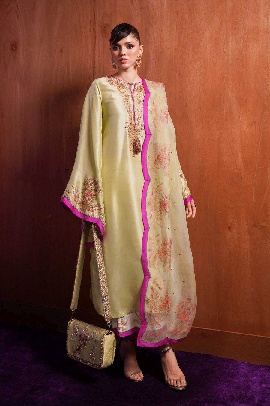 MEADOW - Radiant Apple Green Ensemble with Gold Sequins by Hussain Rehar - Labels & Co