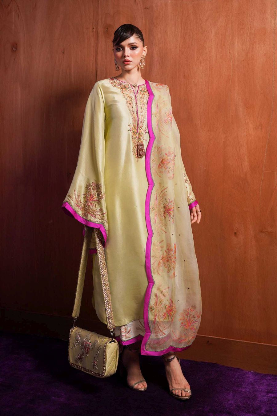 MEADOW - Radiant Apple Green Ensemble with Gold Sequins by Hussain Rehar