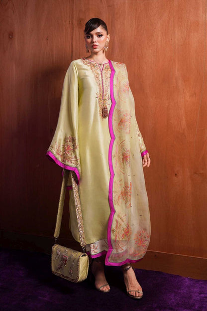 MEADOW - Radiant Apple Green Ensemble with Gold Sequins by Hussain Rehar