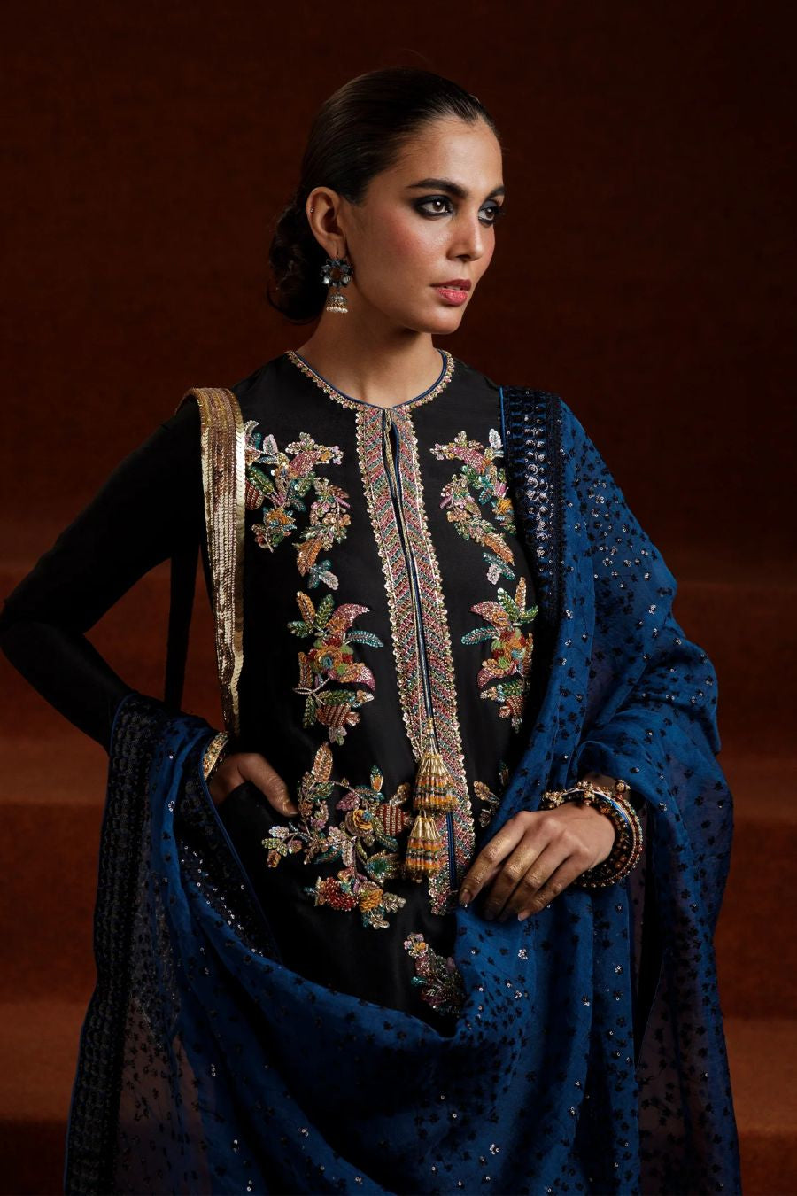 NEGRA -  Glamorous Black Raw Silk Shirt with Intricate Handwork