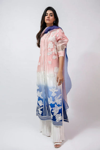 OMBRE - Blue & White Eid Outfit with Floral Appliqués | MAISON DE LACE