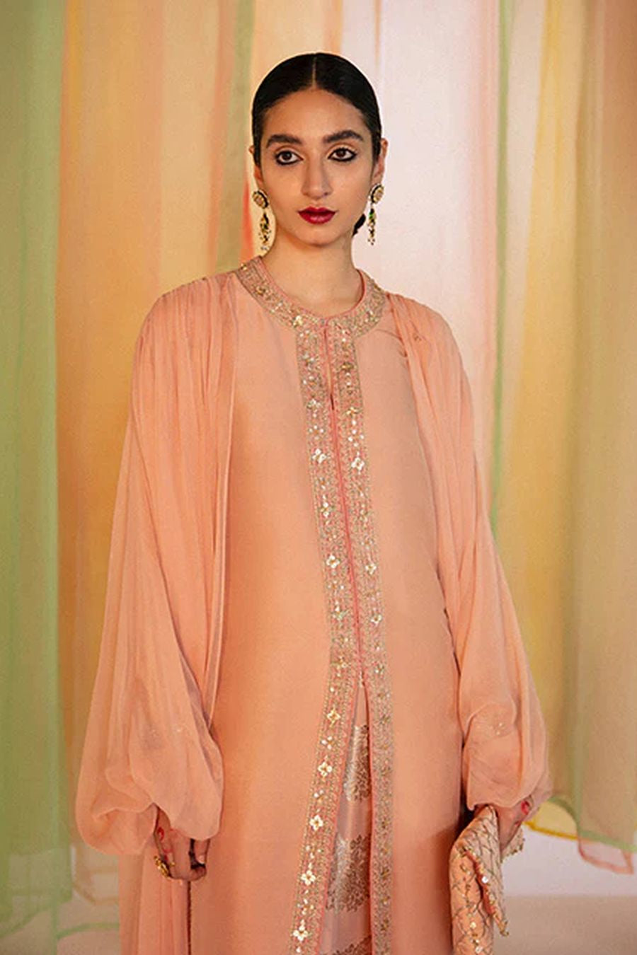 RABT - Elegant Long Pink Raw Silk Shirt with Box Pleat by Hussain Rehar