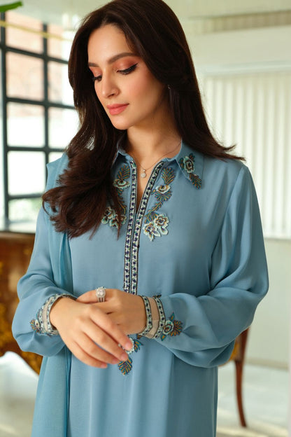 SAPPHIRE - Embroidered Crepe Shirt & Raw Silk Pants | Luxury Women Wear