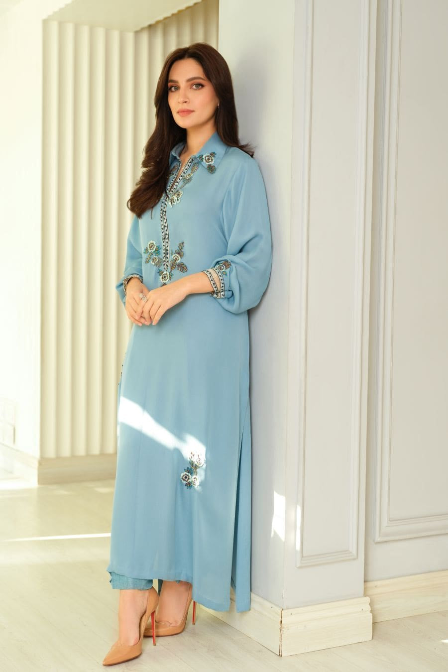 SAPPHIRE - Embroidered Crepe Shirt & Raw Silk Pants | Luxury Women Wear