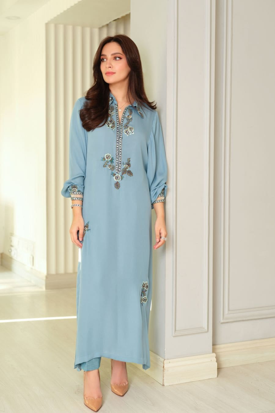 SAPPHIRE - Embroidered Crepe Shirt & Raw Silk Pants | Luxury Women Wear