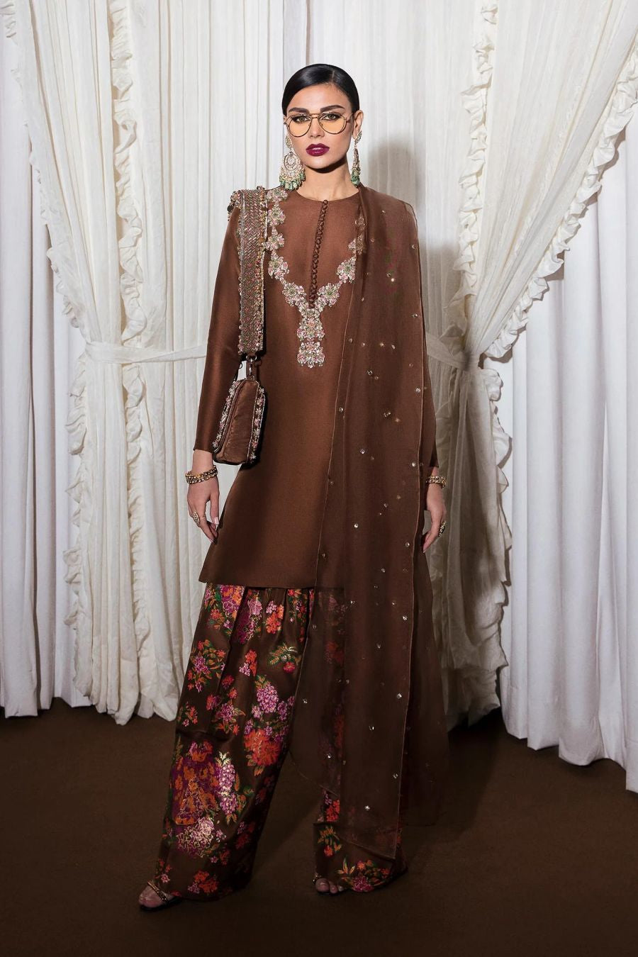 SOREL -  Charismatic Brown Raw Silk Shirt with Printed Shalwar by Hussain Rehar