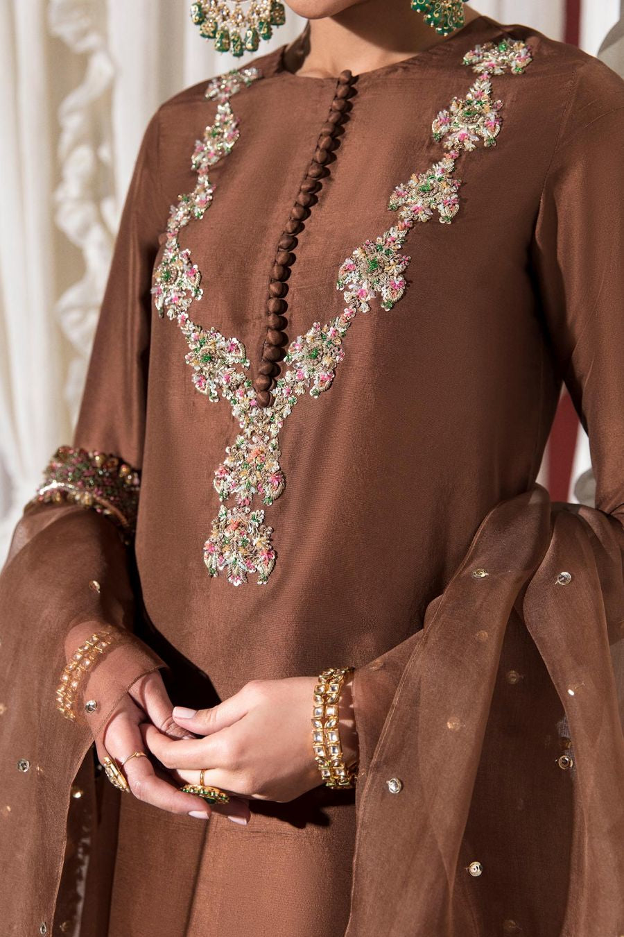 SOREL -  Charismatic Brown Raw Silk Shirt with Printed Shalwar by Hussain Rehar