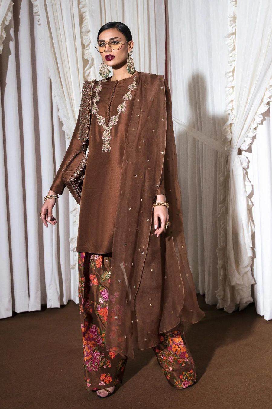 SOREL -  Charismatic Brown Raw Silk Shirt with Printed Shalwar by Hussain Rehar