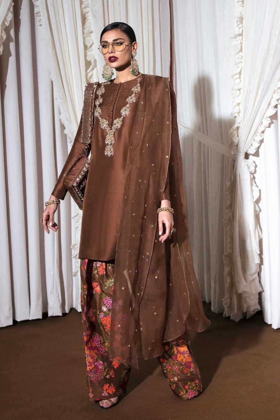 SOREL -  Charismatic Brown Raw Silk Shirt with Printed Shalwar by Hussain Rehar