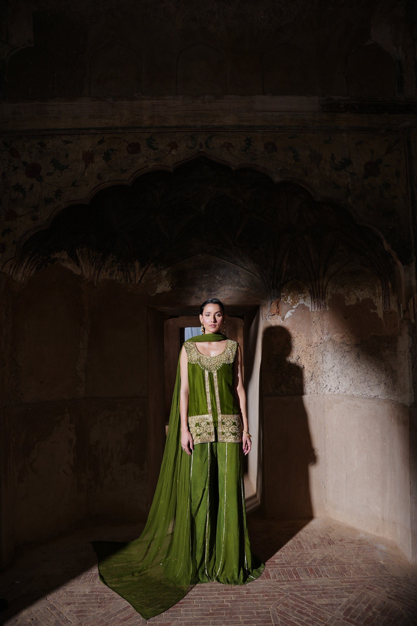 green pure rawsilk shirt with sharara